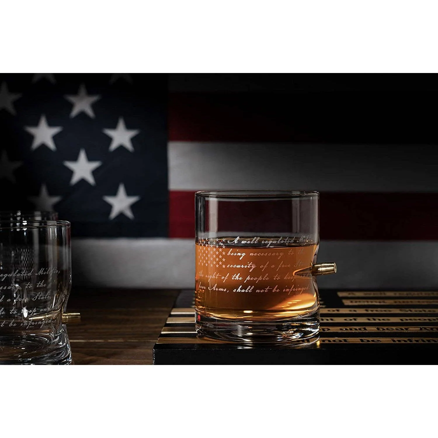 2nd Amendment Whiskey Glasses With Bullet and Flag Base Set - Image 4