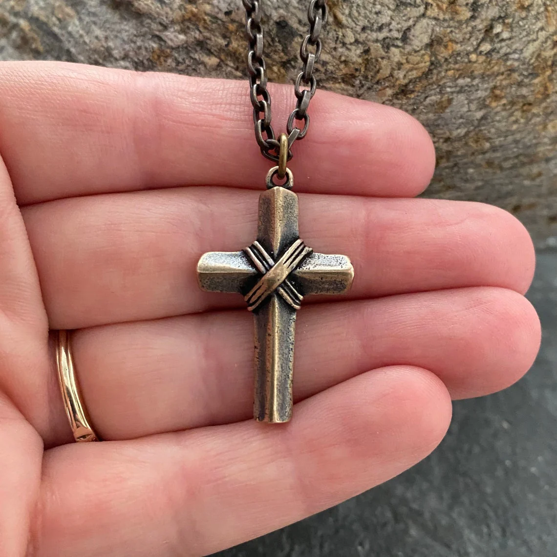Bronze Vintage Cross, Men's Religious Jewelry, Unisex Necklace, Antiqued Brass Chain, BR-052 - Image 3