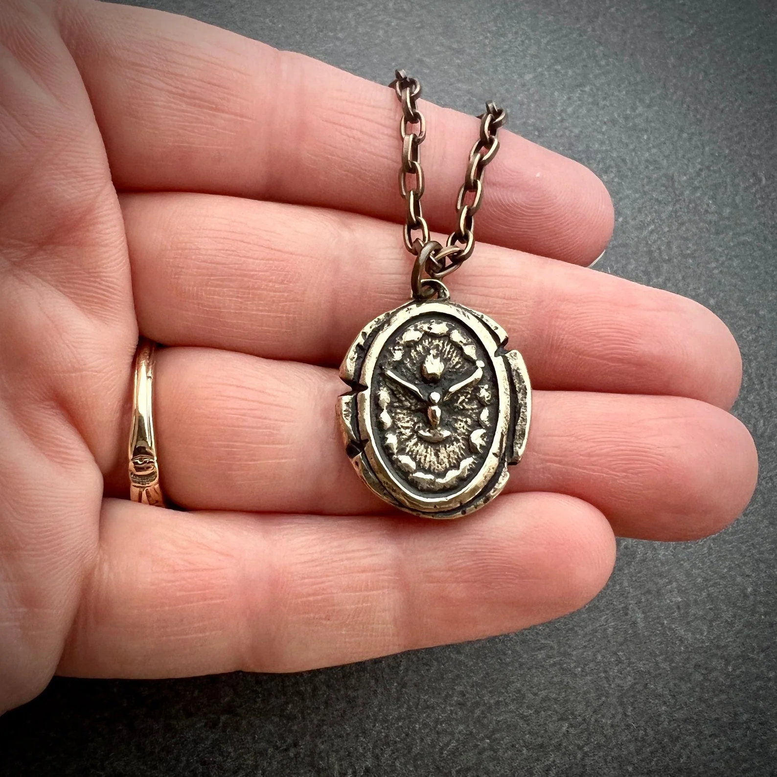 Dove Necklace, Antiqued Bronze Holy Spirit Catholic Wax Seal, JohnnyGirl, GBR-008 - Image 4