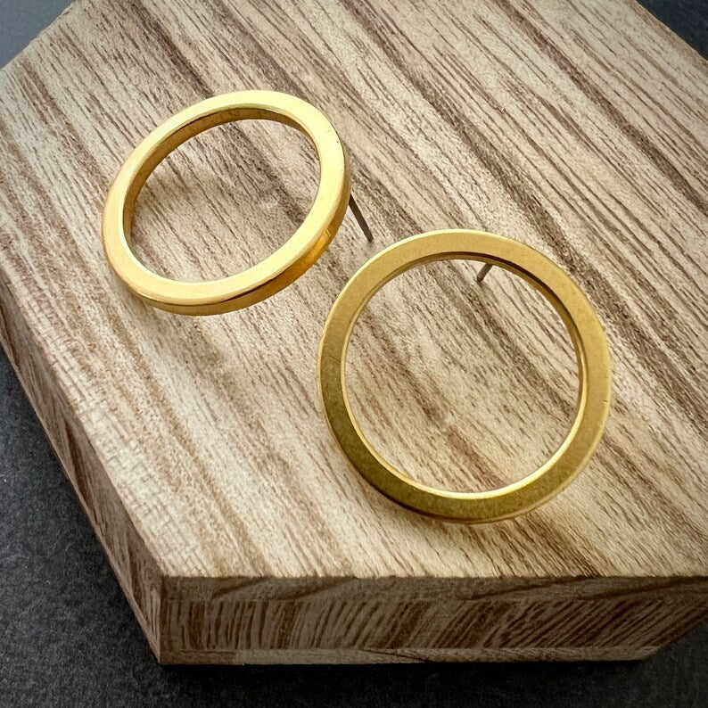 Gold Circle Post Earrings, Hoop, Large Studs, Simple Everyday Jewelry, JohnnyGirl - Image 2