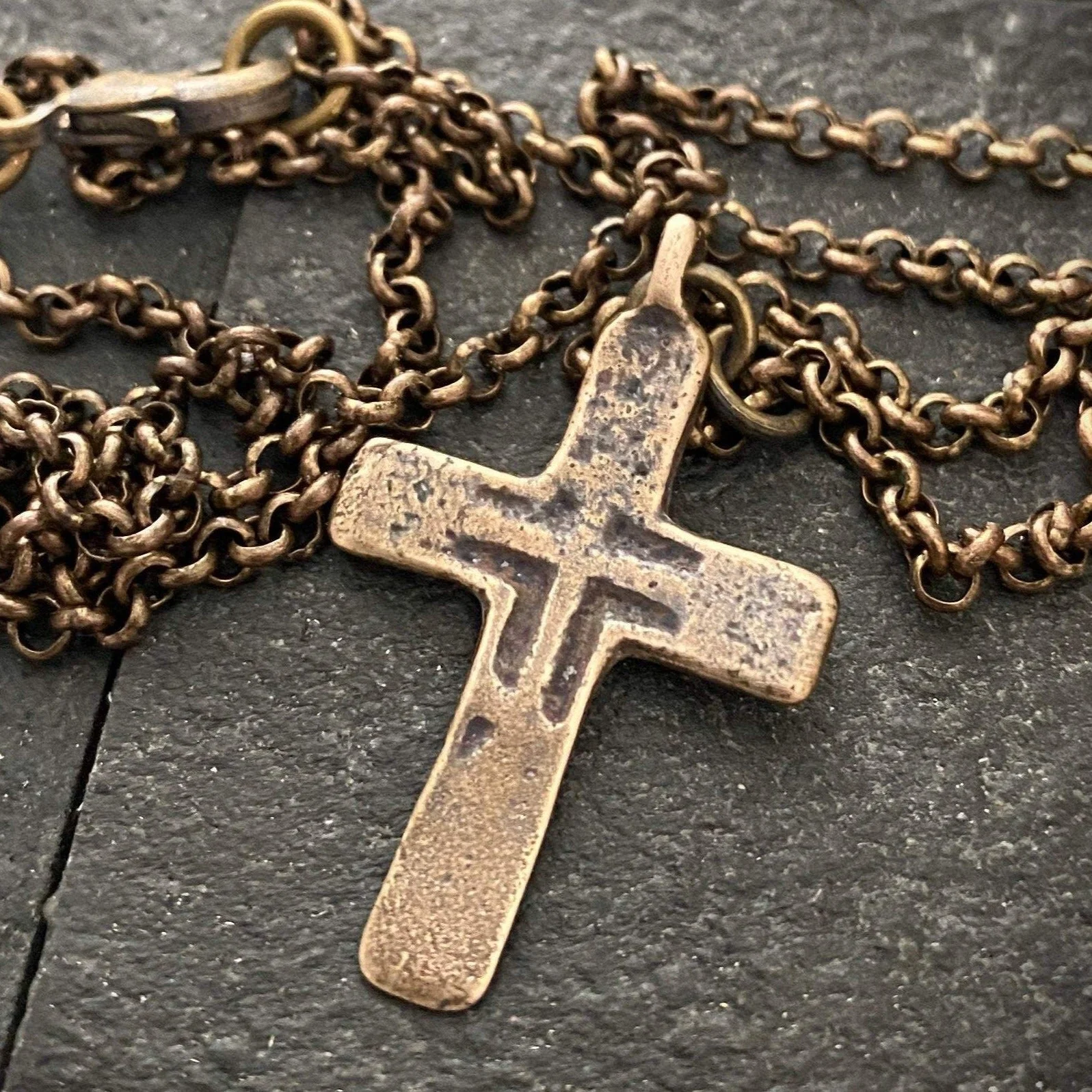 Brass Men's Necklace with Bronze Cross made from Ancient Medieval Mold