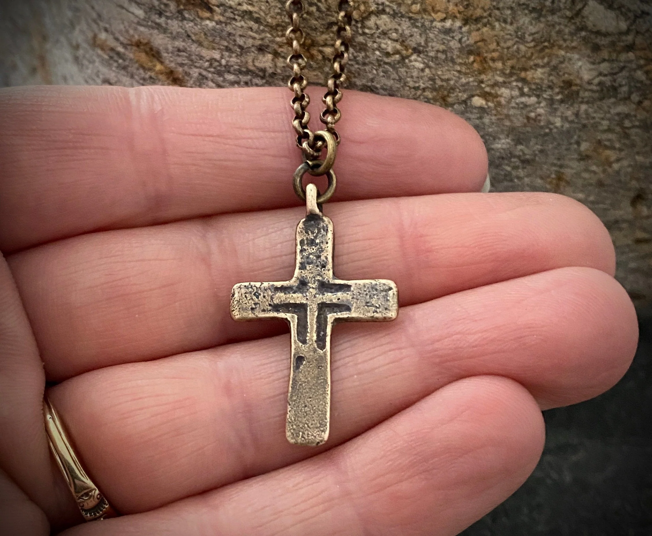 Brass Men's Necklace with Bronze Cross made from Ancient Medieval Mold - Image 2