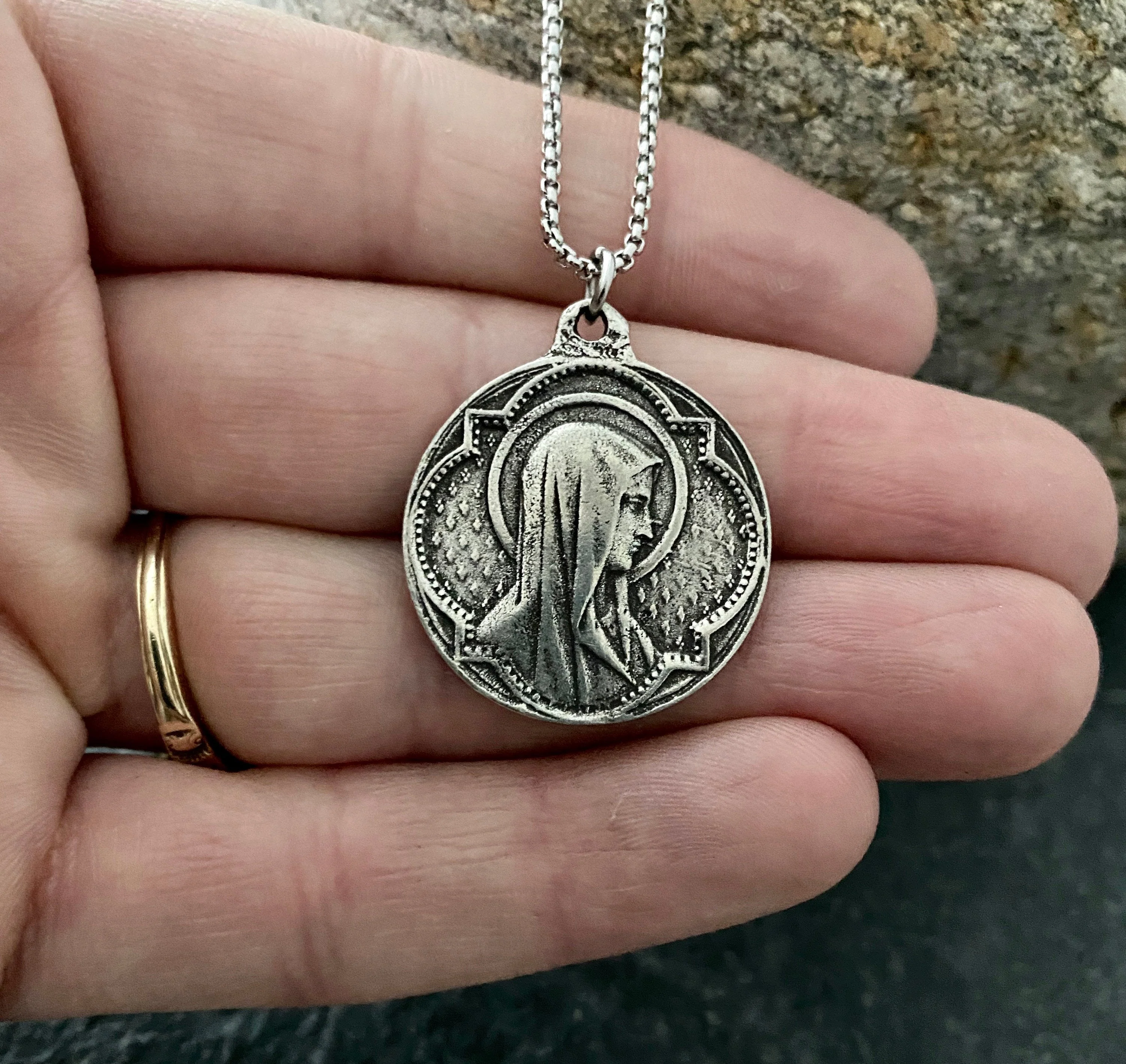 Mary Medal Necklace, Religious Jewelry, Catholic Mens Gift, 20 or 24 inches, ST-027
