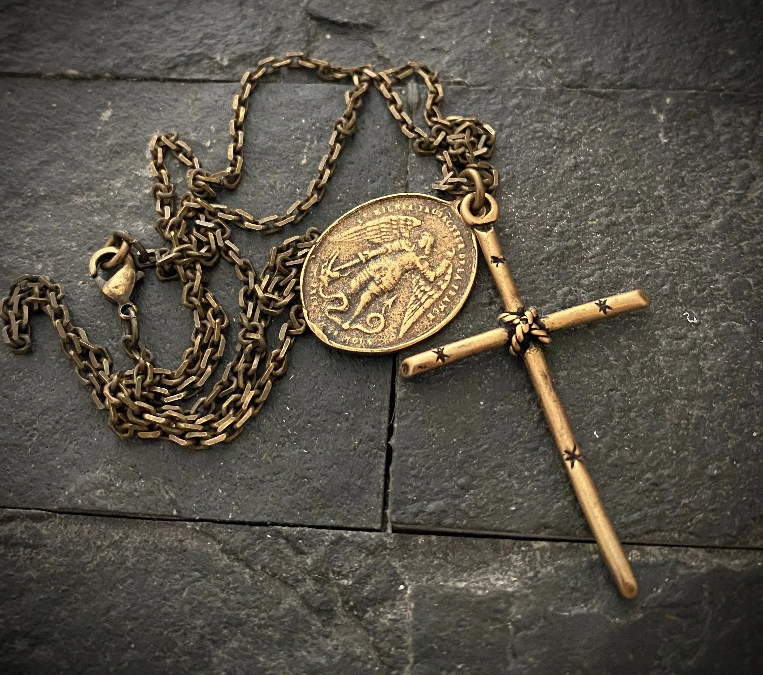 Men's Antiqued Brass Dual Pendant Necklace with Rope Tied Cross and Archangel St. Michael Medal, Unisex Necklace, BR-036, Johnny Ltd - Image 2
