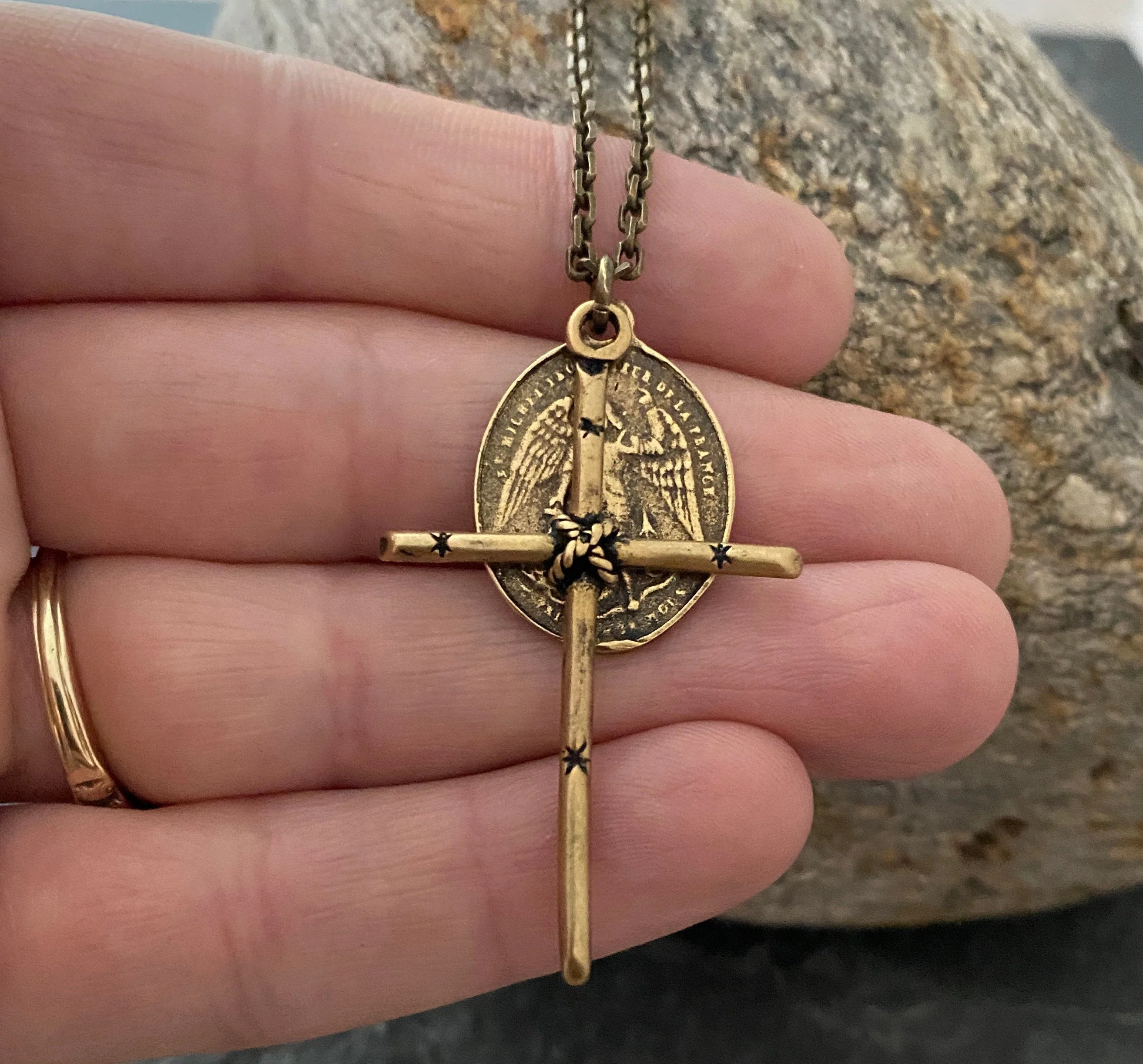 Men's Antiqued Brass Dual Pendant Necklace with Rope Tied Cross and Archangel St. Michael Medal, Unisex Necklace, BR-036, Johnny Ltd - Image 3