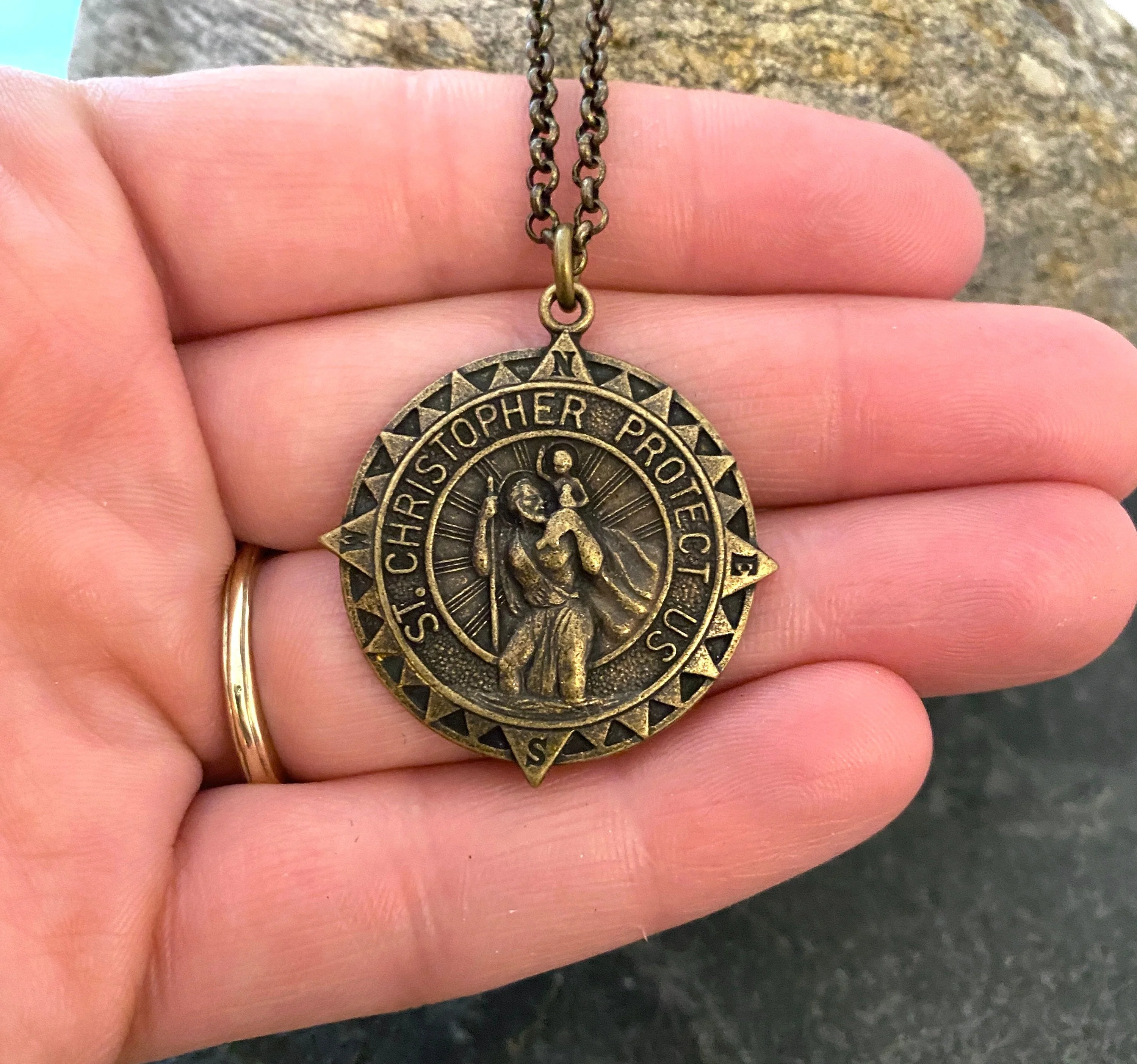 Men's Antiqued Brass Necklace with Large St. Christopher Medal, Unisex Jewelry, Chain length 20 or 24 inches BR-047 - Image 2
