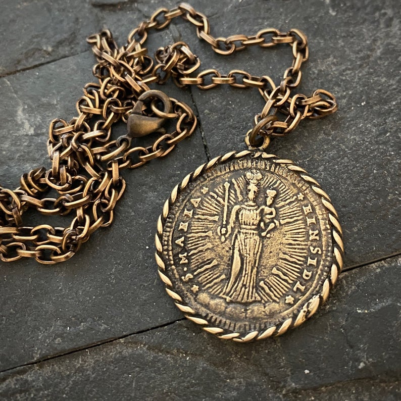 Men's Archangel St. Michael, Antiqued Brass and Bronze Unisex Jewelry, 20 or 24 Inch Rolo Chain, BR-057 - Image 2