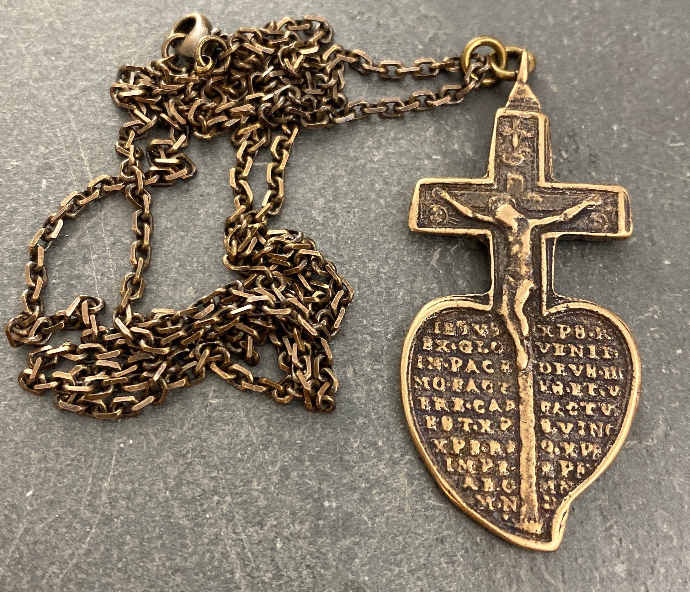 Men's Brass Bronze Crucifix Necklace, Cast from Ancient Antique Cross Heart Mary, Unisex Chain Jewelry, BR-024 - Image 5