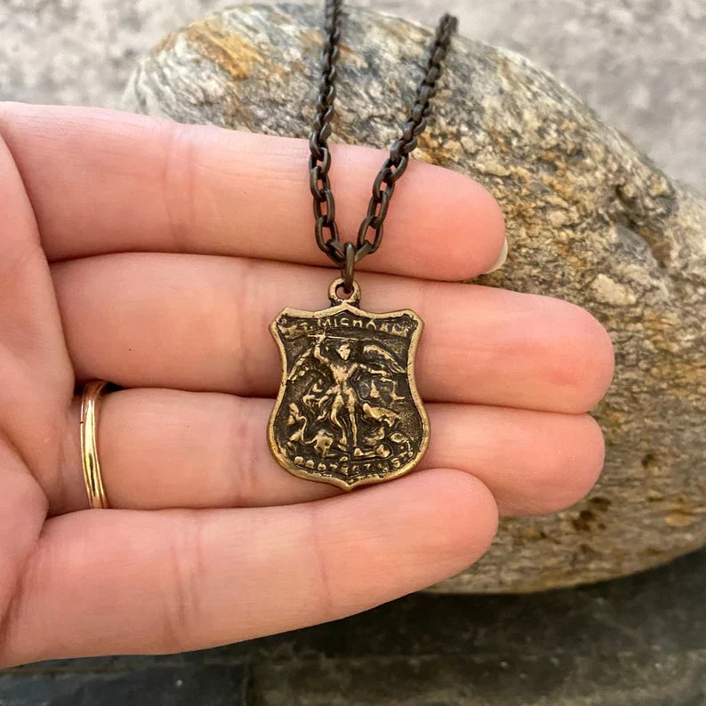 Men's Bronze Archangel St. Michael Shield Necklace, Antiqued Brass Chain, Unisex Jewelry, 20 or 24 Inch Chain, BR-055 - Image 2