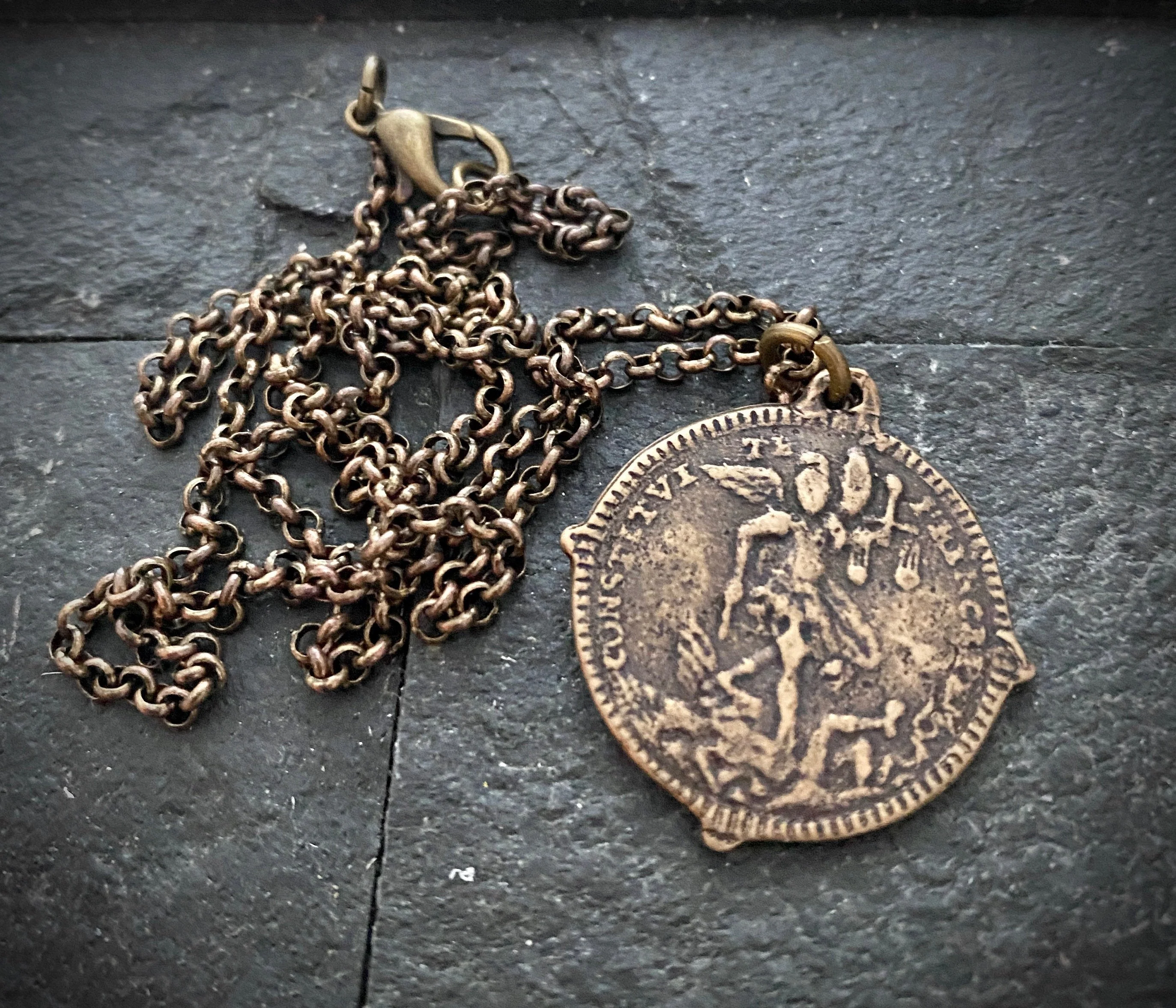 Men's Cross Necklace, Archangel St. Michael, Antiqued Brass and Bronze Unisex Jewelry, 20 or 24 Inch Chain, BR-026 - Image 2