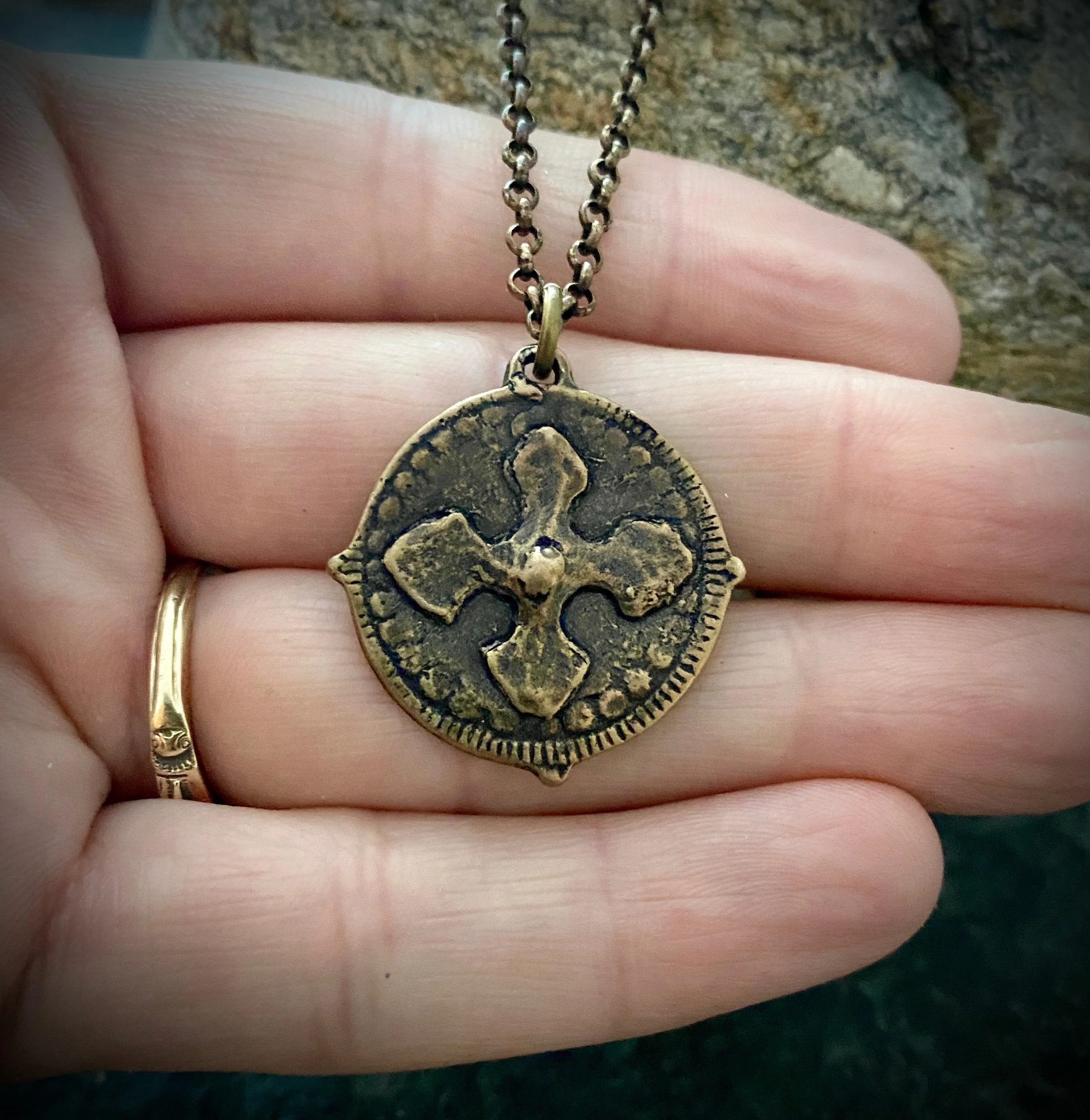 Men's Cross Necklace, Archangel St. Michael, Antiqued Brass and Bronze Unisex Jewelry, 20 or 24 Inch Chain, BR-026 - Image 3