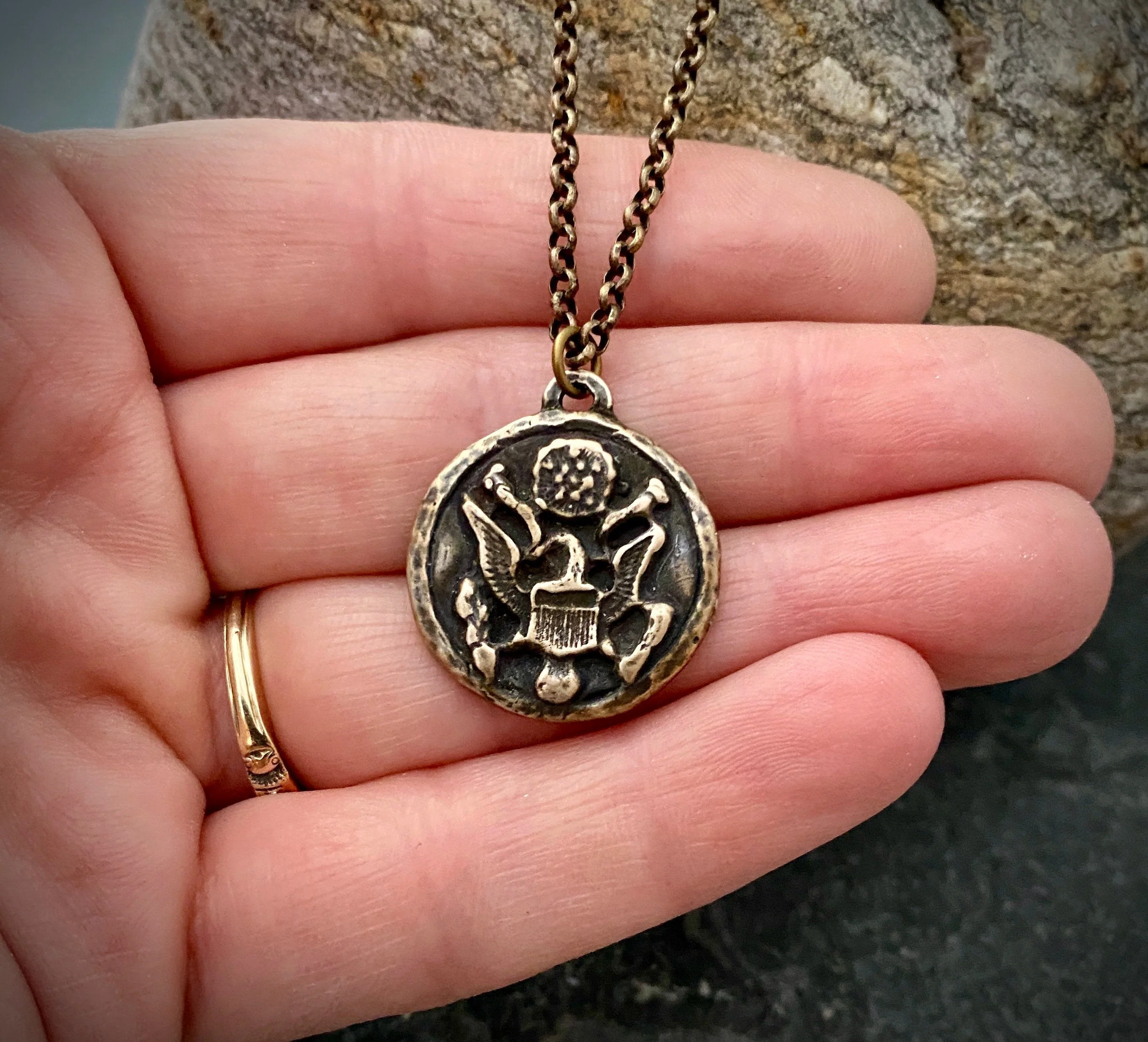 Men's Eagle Necklace, Brass and Bronze Jewelry cast from Antique Military Button, Great American Seal, 20 or 24 Inch Rolo Chain, BR-044 - Image 2