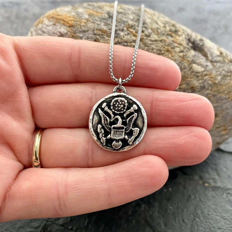 Men's Eagle Necklace, Silver Pewter Jewelry cast from Antique Military Button, Great American Seal, 20 or 24 Inch Rolo Chain, ST-039 - Image 3