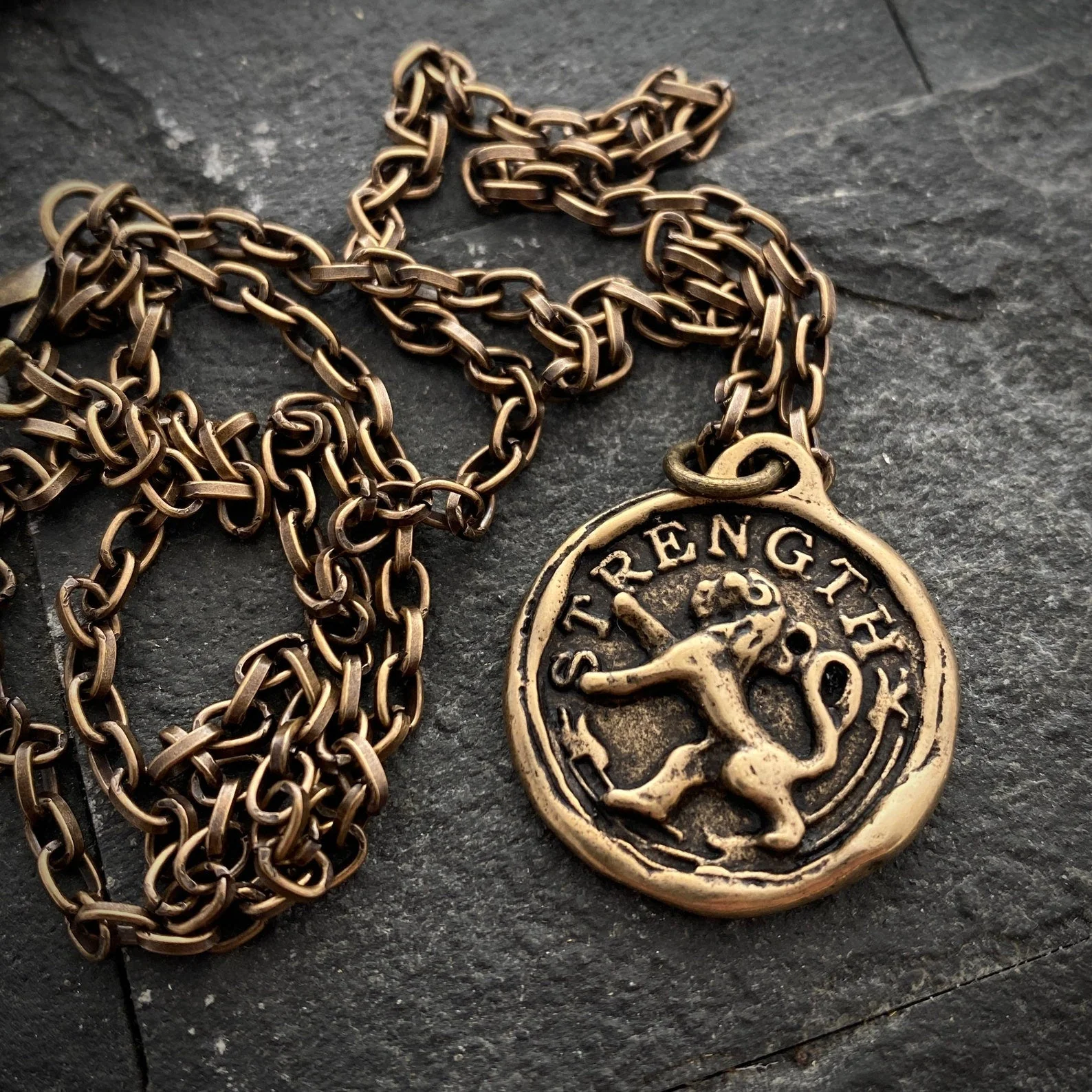 Men's Lion, Strength Wax Seal Necklace, Antiqued Brass Bronze Unisex Jewelry, Chain length 20 or 24 inches BR-060 - Image 3