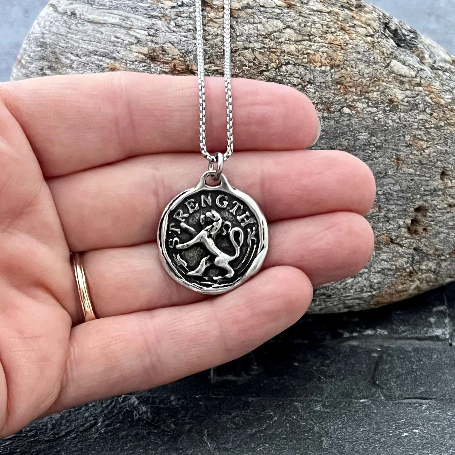 Men's Lion, Strength Wax Seal Necklace, Antiqued Pewter and Stainless Steel Unisex Jewelry, Chain length 20 or 24 inches ST-042 - Image 2