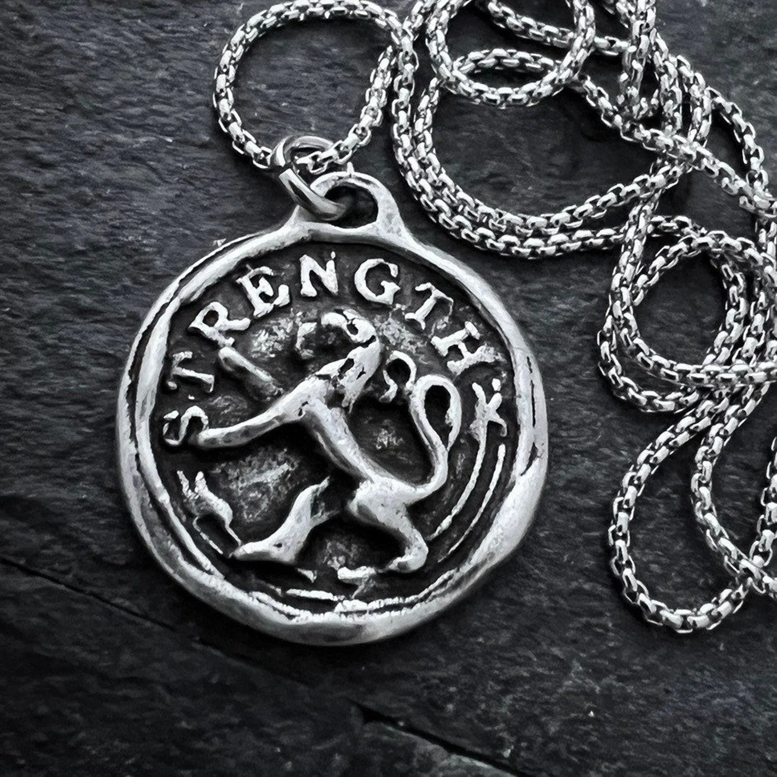 Men's Lion, Strength Wax Seal Necklace, Antiqued Pewter and Stainless Steel Unisex Jewelry, Chain length 20 or 24 inches ST-042 - Image 3