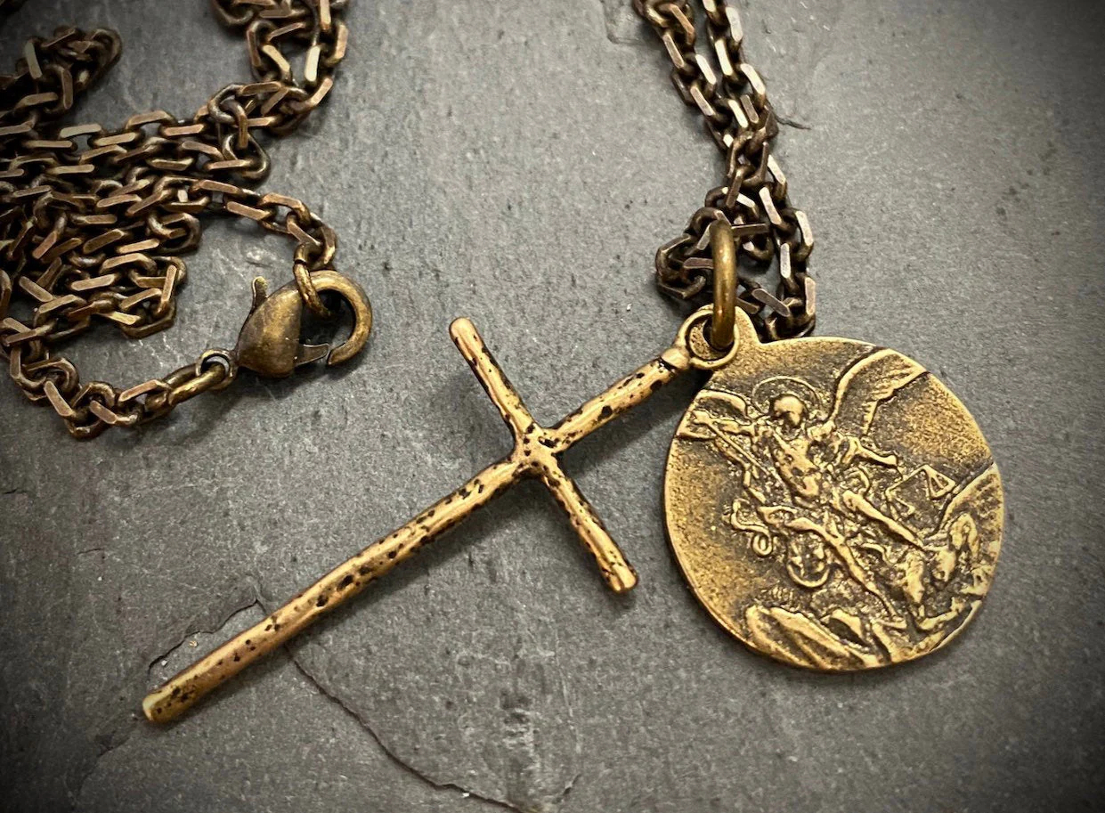 Men's Necklace, Archangel St. Michael Vintage Style Catholic Medal with Cross, Antiqued Brass Unisex Jewelry, 20 or 24 Inch Chain, BR-034 - Image 2