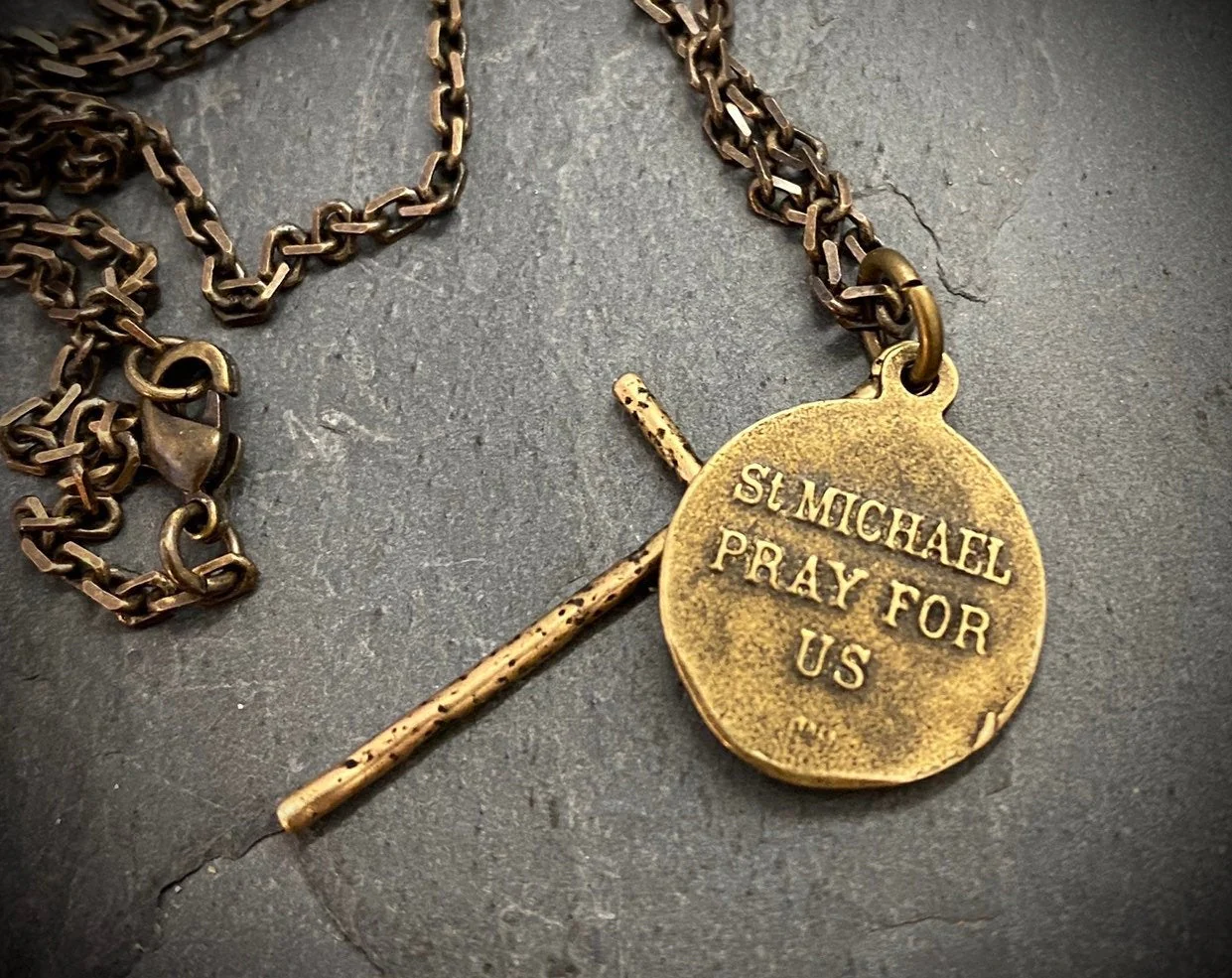 Men's Necklace, Archangel St. Michael Vintage Style Catholic Medal with Cross, Antiqued Brass Unisex Jewelry, 20 or 24 Inch Chain, BR-034 - Image 3