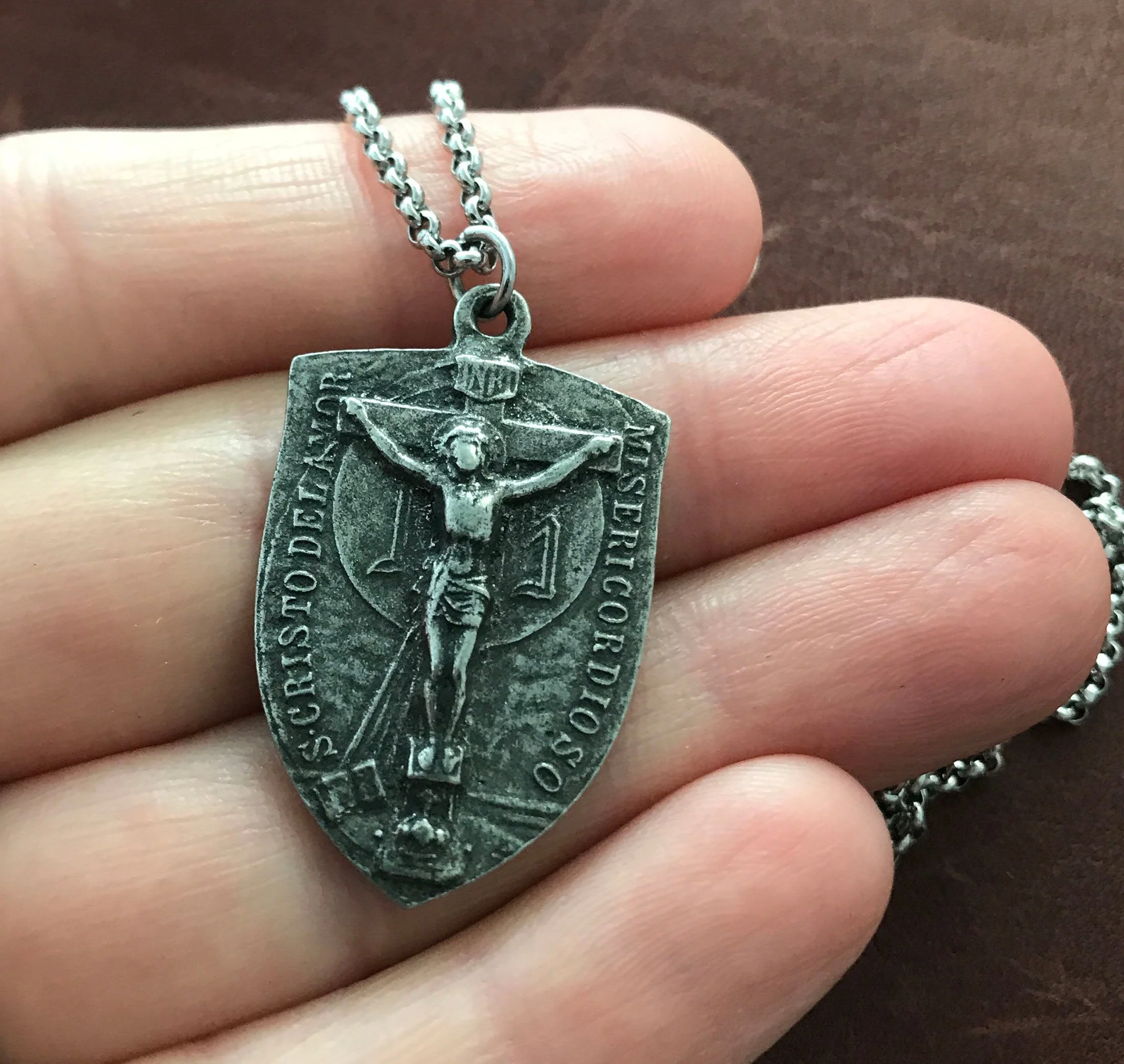 Men's Necklace featuring a Crucifix Shield and Blessed Mother Mary, Unisex Necklace, Catholic Pendant 20 or 24 inch Chain, ST-023 - Image 5