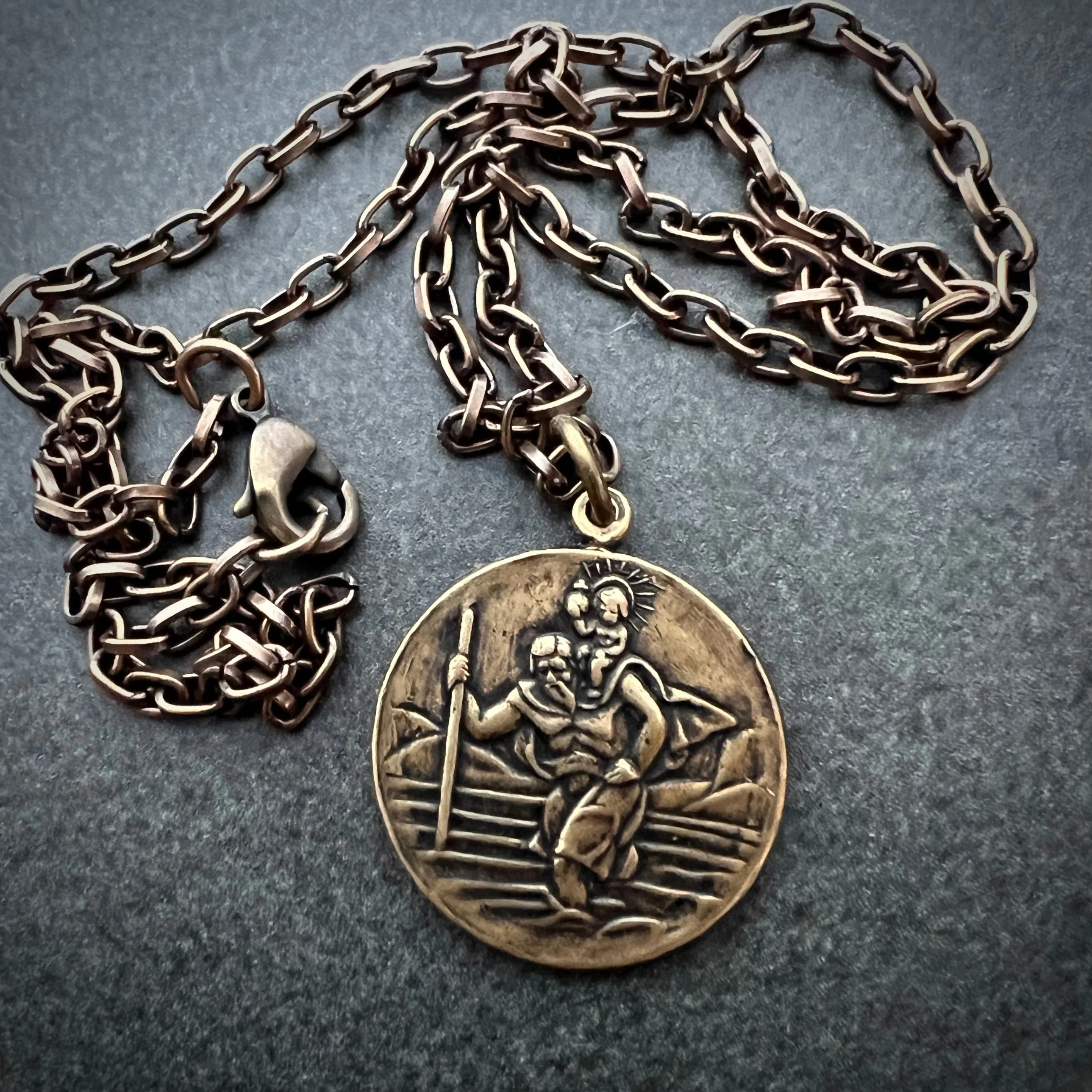 Men's Necklace St. Christopher, Patron of Travelers, Protect Us Talisman, Unisex Jewelry, Vintage Catholic Brass Medal, BR-011 - Image 3