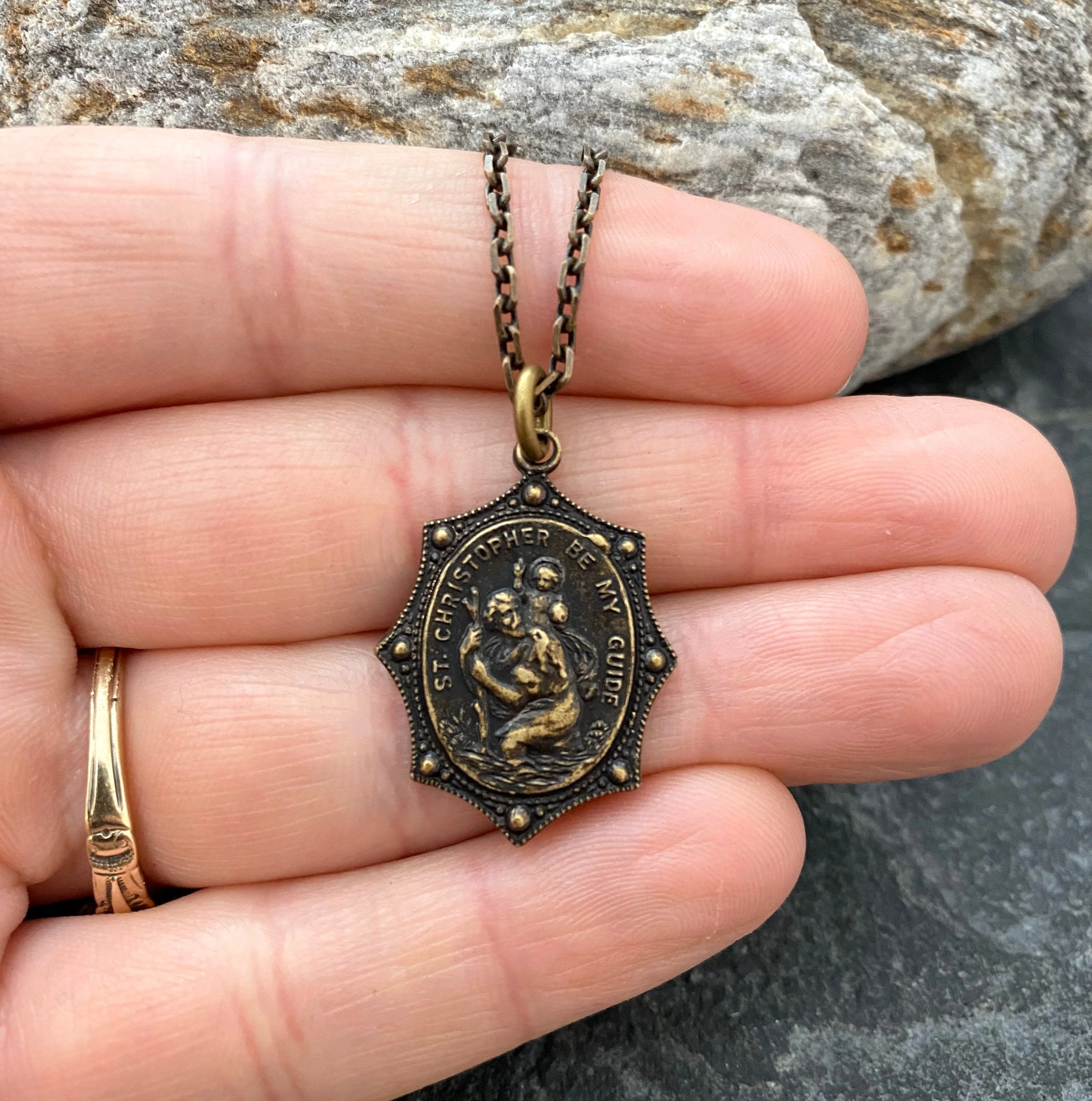 Men's Necklace, Vintage Style St. Christopher, Protection, Protect Us, Patron of travelers, 20 or 24 inches, Antiqued Brass, BR-008 - Image 3