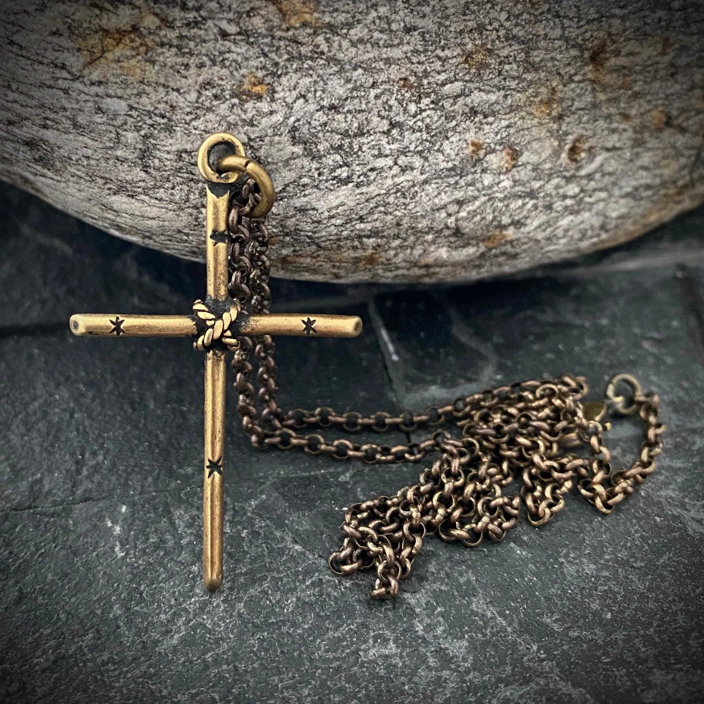 Men's Solid Bronze and Brass Simple Rope Cross Necklace, Unisex Necklace, BR-022 - Image 2