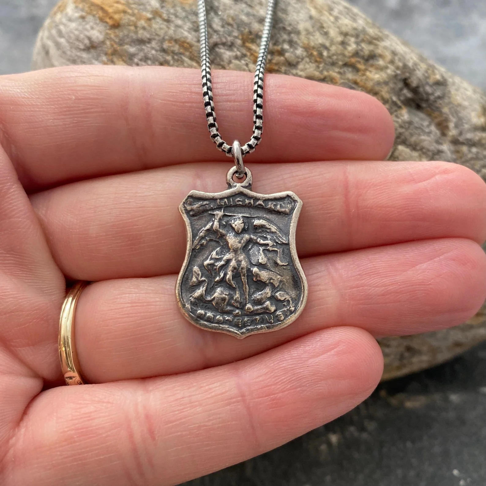 Men's Sterling Silver Archangel St. Michael Shield Necklace, Oxidized Silver Unisex Jewelry, 20 or 24 Inch Chain, SS-016 - Image 2