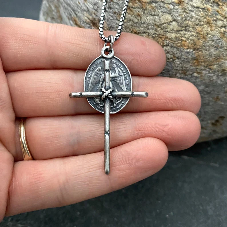 Men's Sterling Silver Dual Pendant Necklace with Johnny LTD Rope Tied Cross and Archangel St. Michael Medal, Unisex Necklace, SS-010 - Image 4