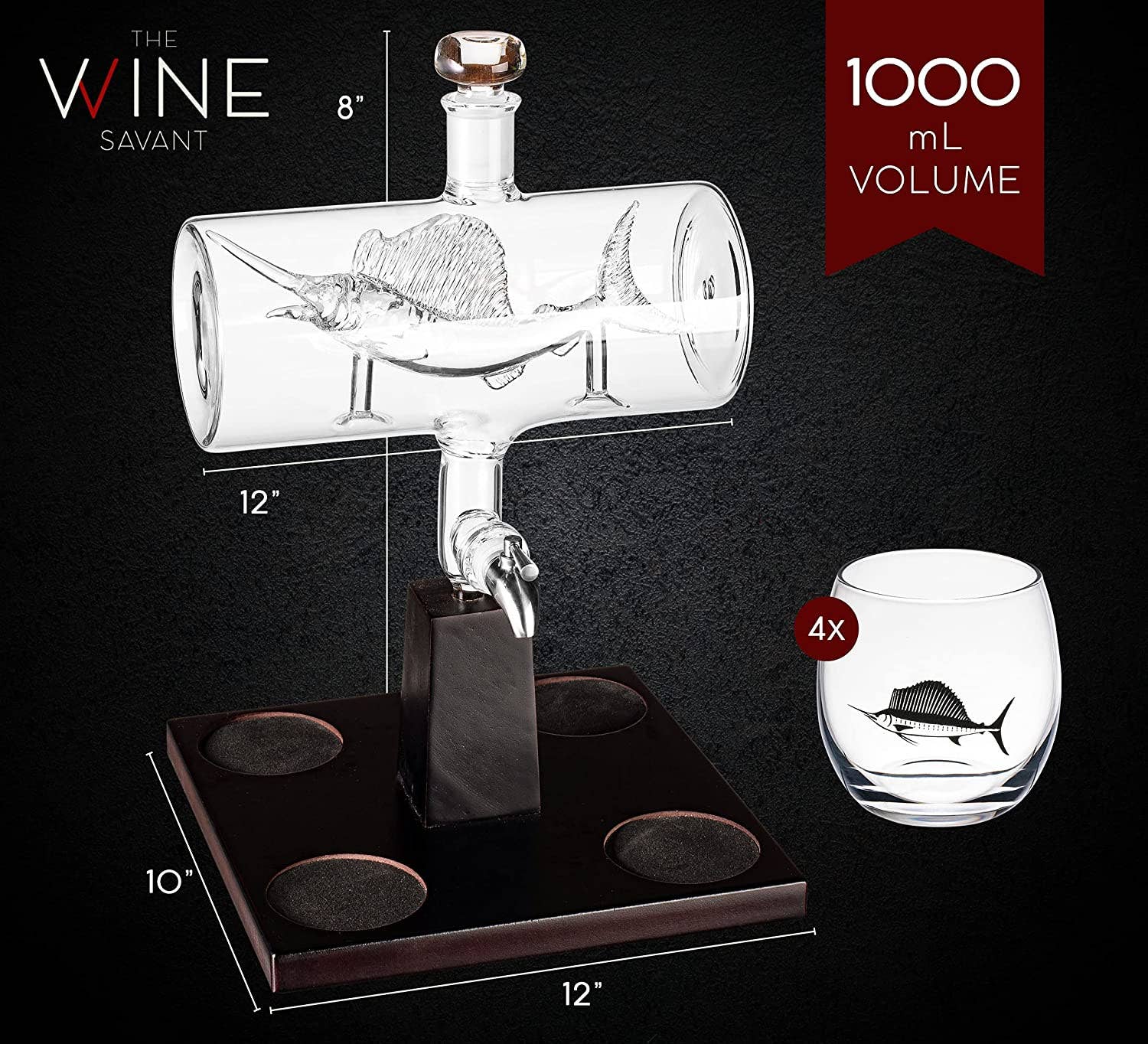 Sailfish Whiskey Decanter Dispenser and 4 Liquor Glasses - Image 3