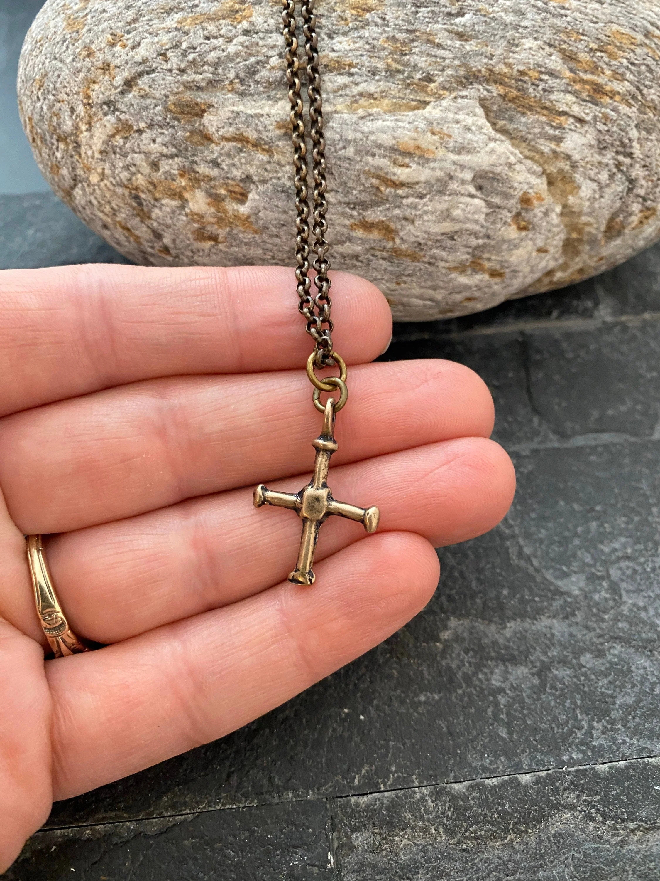 Small Cross Antiqued Solid Bronze Men's Necklace, Ancient Viking Cross, Unisex Jewelry, Brass Chain BR-040 - Image 2