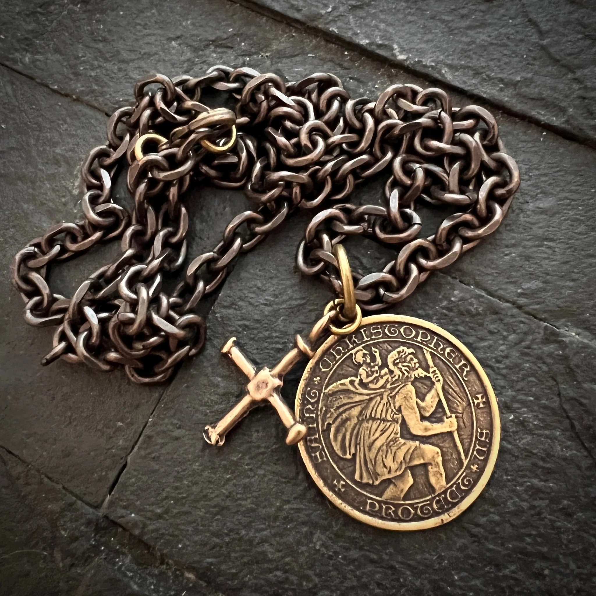 St. Christopher and Cross Antiqued Brass Men's Necklace, Johnny LTD Vintage Catholic Medal and Ancient Cross, Unisex Necklace, BR-025-20 - Image 2