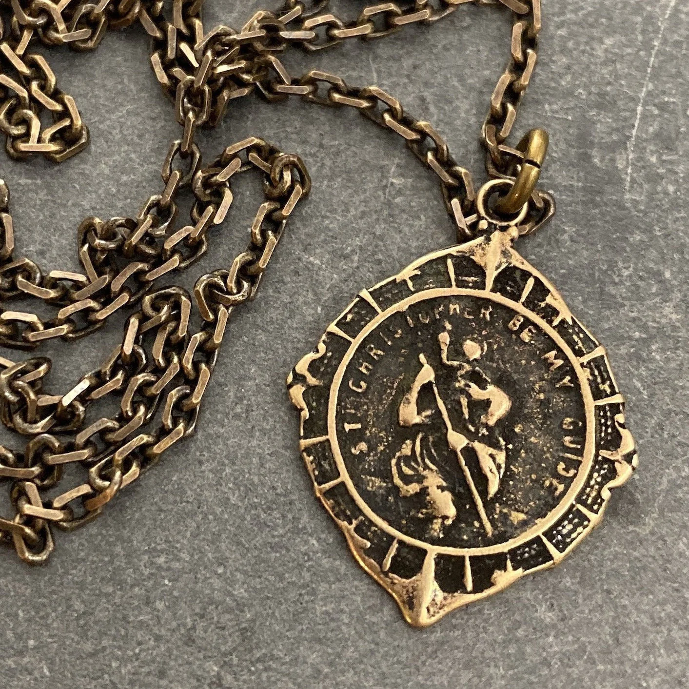 St. Christopher Antiqued Brass Men's Necklace, Johnny LTD featuring a Vintage Catholic Medal, Unisex Necklace, BR-023