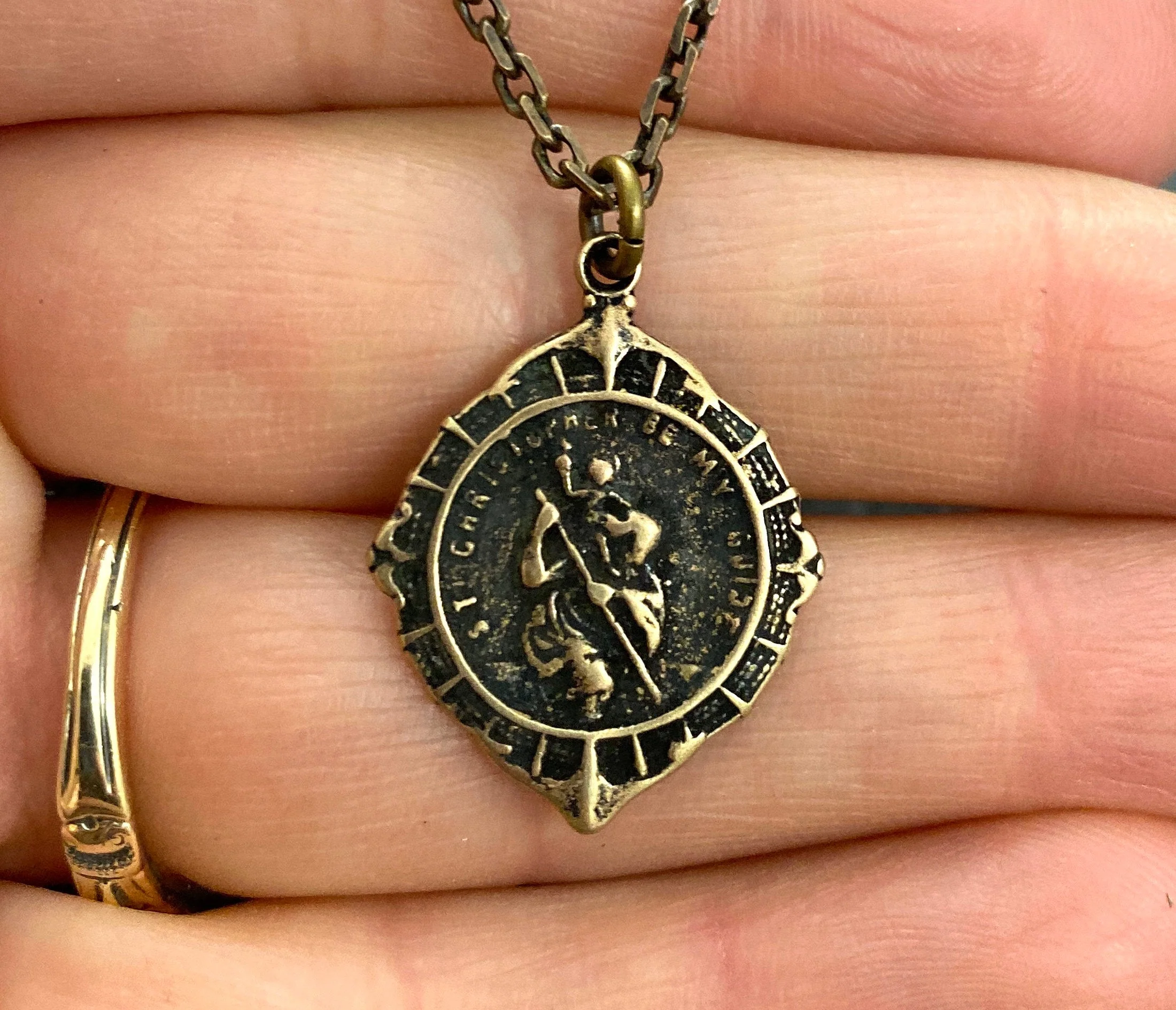 St. Christopher Antiqued Brass Men's Necklace, Johnny LTD featuring a Vintage Catholic Medal, Unisex Necklace, BR-023 - Image 2