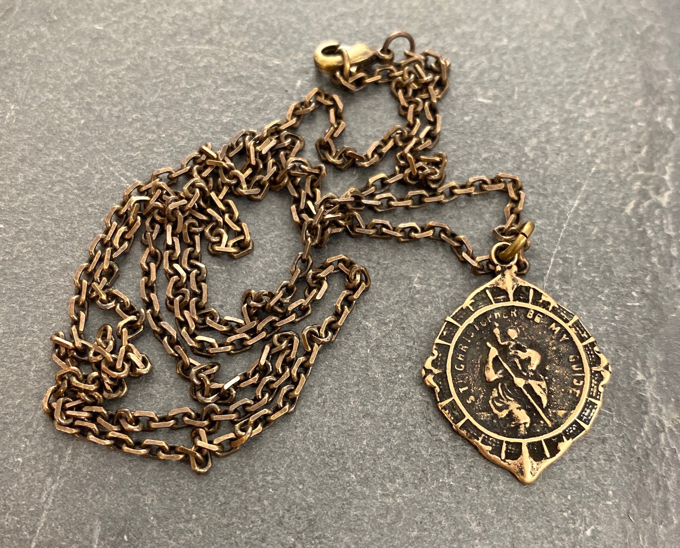 St. Christopher Antiqued Brass Men's Necklace, Johnny LTD featuring a Vintage Catholic Medal, Unisex Necklace, BR-023 - Image 3