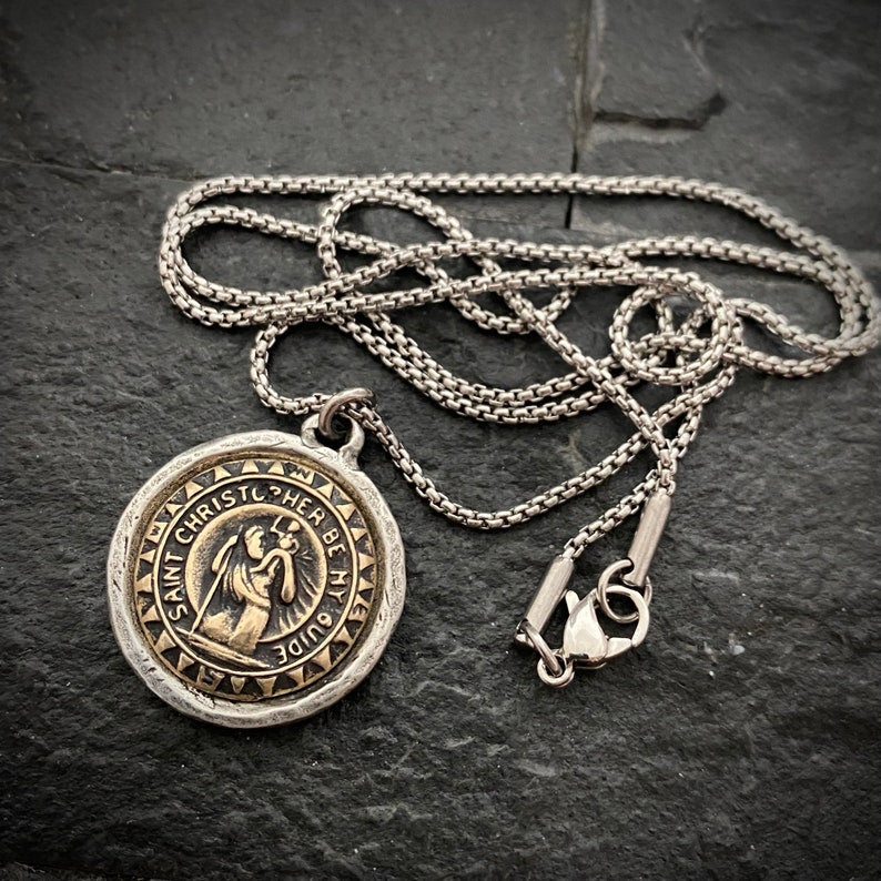 St. Christopher Men's Necklace, Two Tone Mixed Medal, Bronze, Unisex Jewelry, ST-040 - Image 2