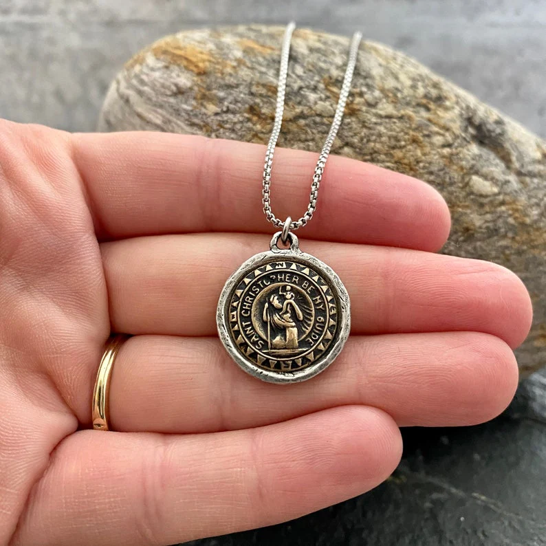 St. Christopher Men's Necklace, Two Tone Mixed Medal, Bronze, Unisex Jewelry, ST-040 - Image 3