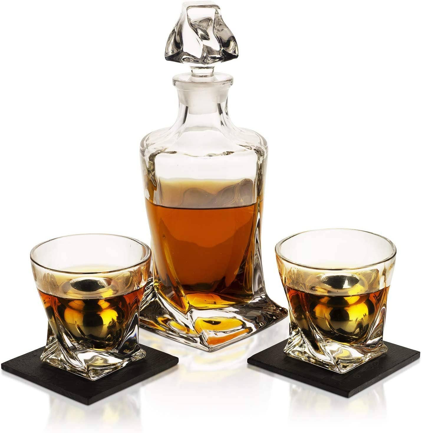 Whiskey Stones & Decanter Gift Set - 2 Glasses, 2 Coasters - Image 3